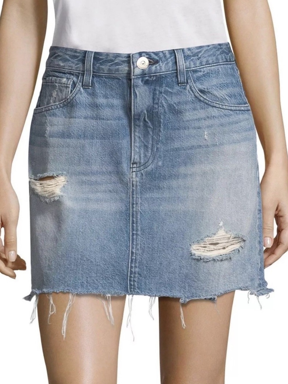 Gap denim skirt features a distressed medium wash and a raw frayed hem